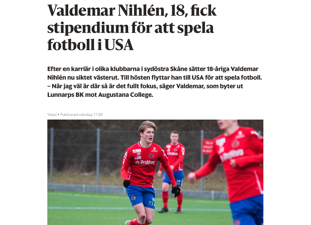 Valdemar stipendium USA NIU fotboll Ystads Allehanda