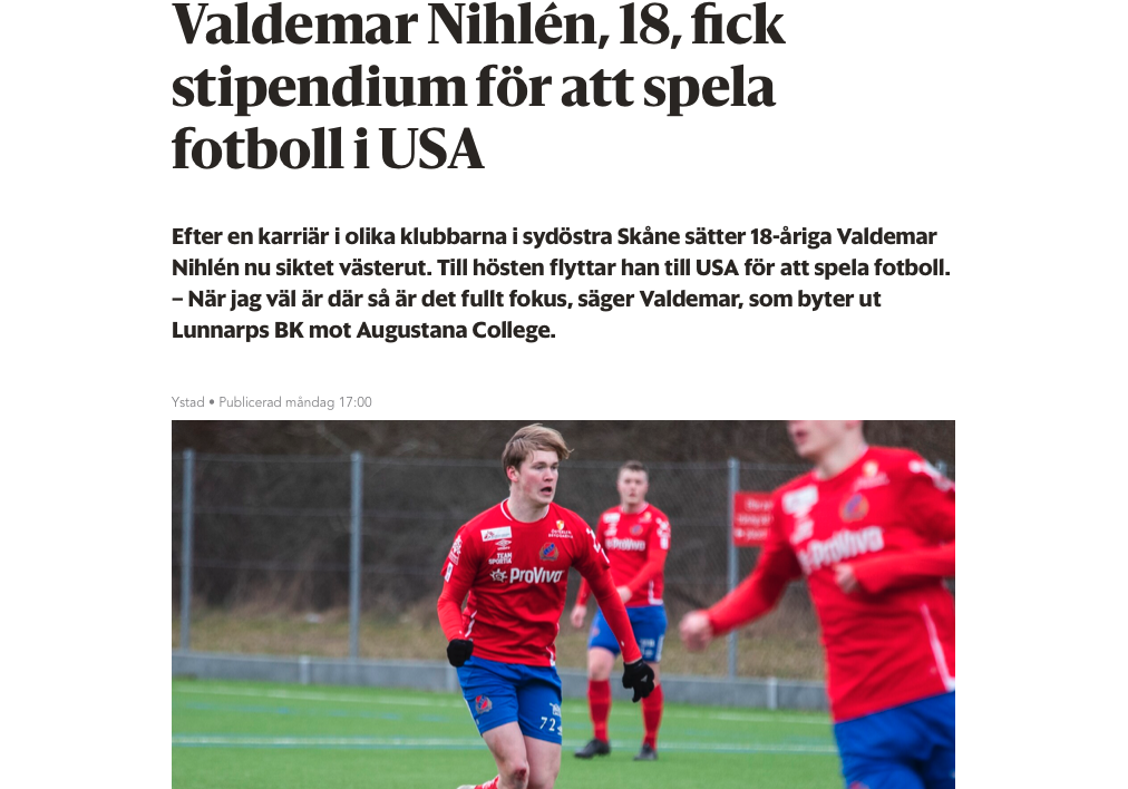 Valdemar stipendium USA NIU fotboll Ystads Allehanda
