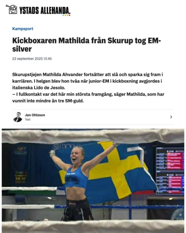 Förra helgen tog Mathilda EM-silver i kickboxning! 👊🏼🥈
Mathilda går i trean på Samhällsvetenskap hos oss. Nu väntar VM i Abu Dhabi i november. Stort grattis Mathilda! 🌟

🗞 Läs hela artikeln hos @ystadsallehanda