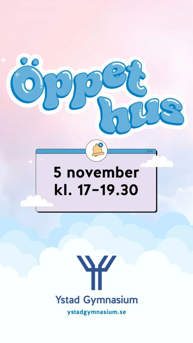 Välkommen till oss på Öppet hus den 5 november! 
🔹 Träffa våra elever och lärare
🔹 Ställ frågor till studie- och yrkesvägledarna
🔹 Besök våra programs lokaler och verkstäder
🔹 Lyssna på rektorernas info om skillnaden mellan högstadium och gymnasium

Öppet hus på Ystad Gymnasium
📆 Onsdag 5 november 2025
⏰ 17.00 - 19.30
Mer info finns på hemsidan, länk i profilen.

Välkommen in i vår värld! ✨